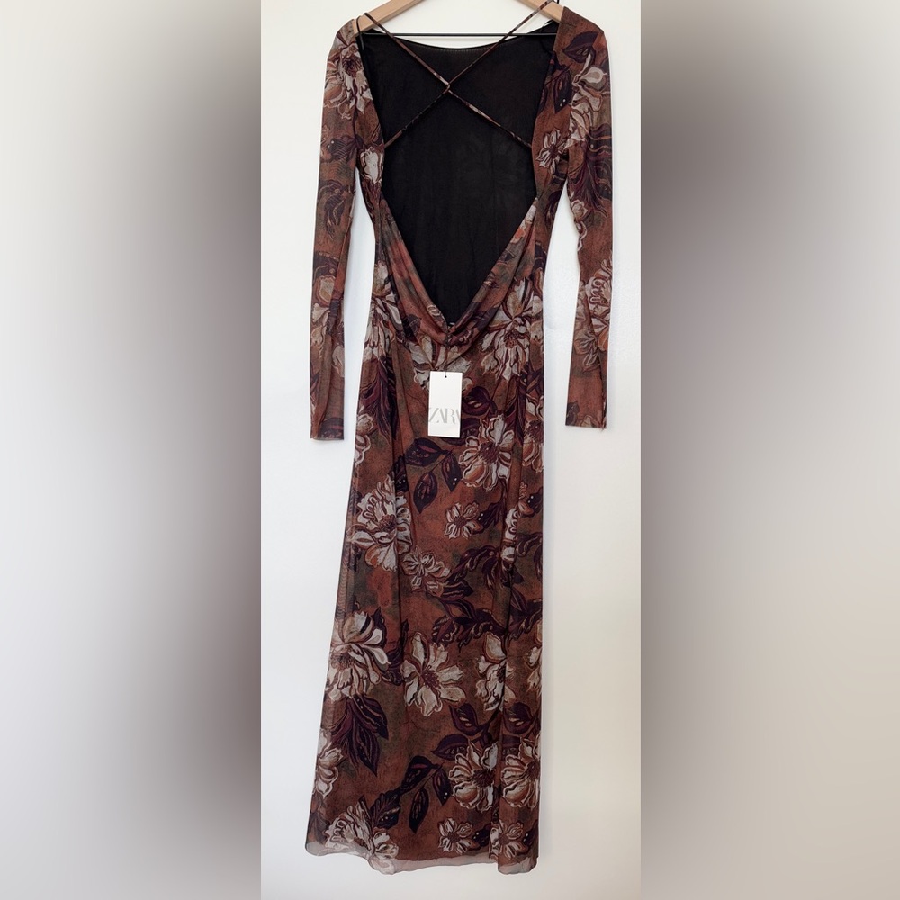 ZARA 5039/397 090 PRINTED TULLE DRESS size large light brown - Picture 3 of 14